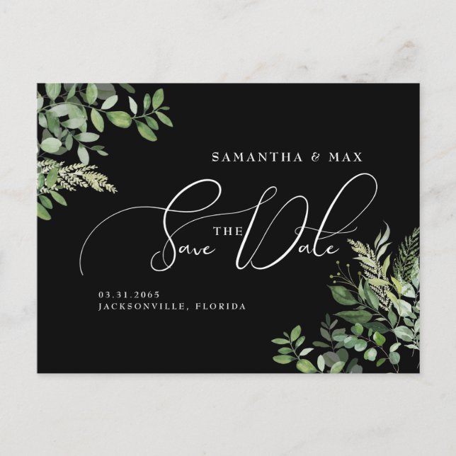 Elegant Greenery Black Photo Save Date Vykort (Framsida)