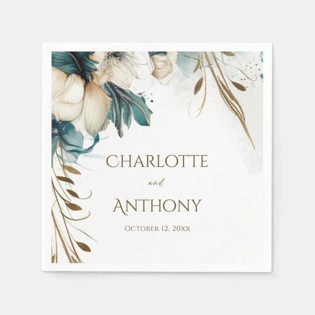 Elegant Greenery Blommigt Minimal Teal Guld Bröllo Pappersservett (Framsidan)