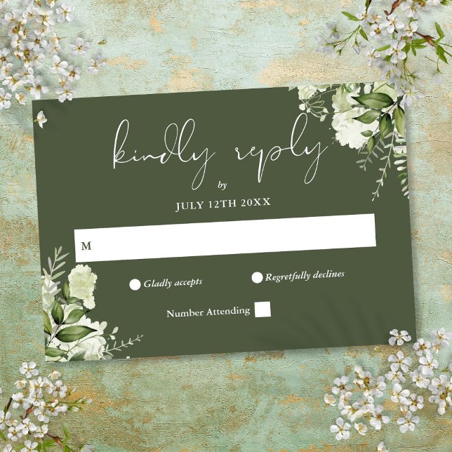 Elegant Greenery Blommigt Oliv grönt Bröllop OSA Kort (Elegant Greenery Floral Olive Green Wedding RSVP Card)