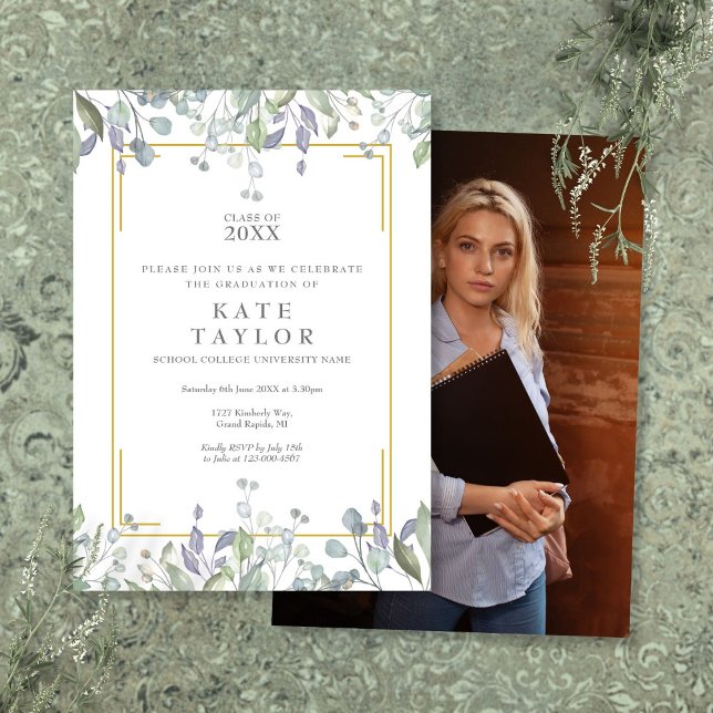 Elegant Greenery Blommigt Photo Studentfest Inbjudningar (Elegant Greenery Floral Photo Graduation Party Invitation)
