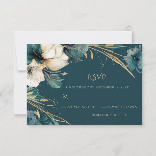 Elegant Greenery Blommigt Teal Guld Bröllop OSA Kort (Framsida)