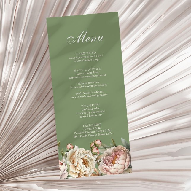Elegant Greenery Blush Rosa Peonies Meny Kort (Elegant Greenery Blush Pink Peonies Menu Card on a sunny white dry palm leaf.)
