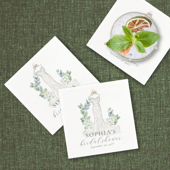 Elegant Greenery Boho-skript Pappersservett (These elegant bridal shower napkins feature an exquisite drawing of a wedding gown)