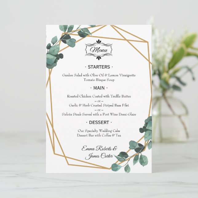 Elegant Greenery Bord Bröllop Menu Meny (Stående Fram)