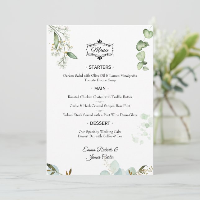 Elegant Greenery Bord Bröllop Menu Meny (Stående Fram)