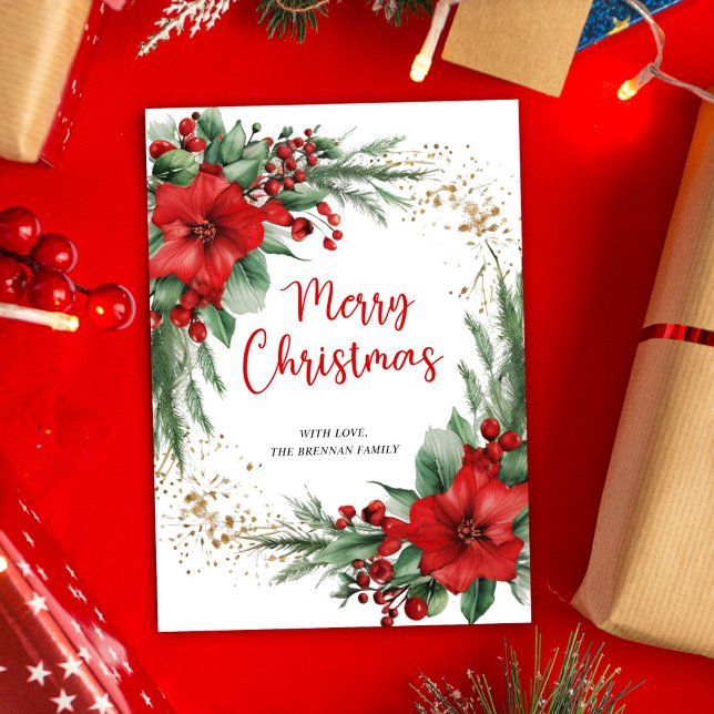 Elegant Greenery Botanical God jul Julkort (Red Botanical Merry Christmas Holiday Card)