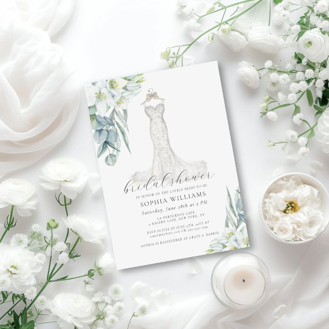 Elegant Greenery Bröllop Dress Möhippa Invit Inbjudningar (This elegant bridal shower invite features a stunning, hand drawn wedding gown and white florals)