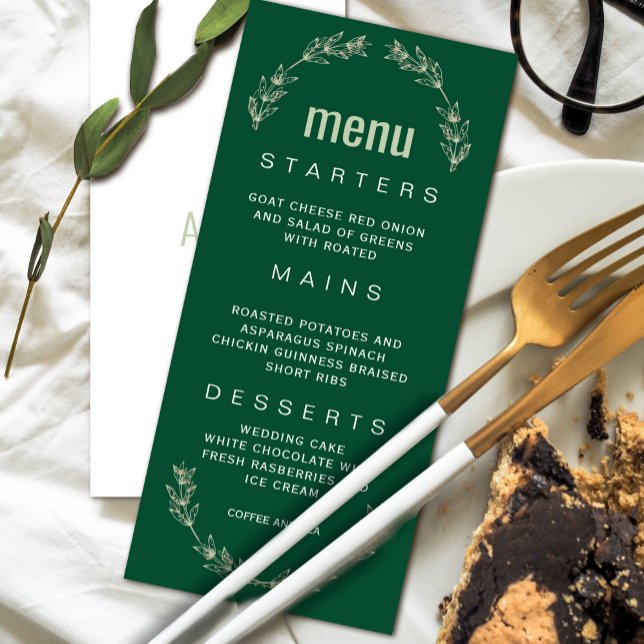 Elegant Greenery Bröllop Menu | Skriptteckensnitt Inbjudningar (Elegant Greenery Wedding Menu | Script Font Invitation #zazzlemade #wreathleaf #decemberdinner)