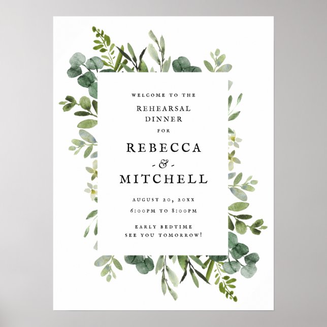 Elegant Greenery Bröllop Rehearsal Dinner Poster (Framsidan)