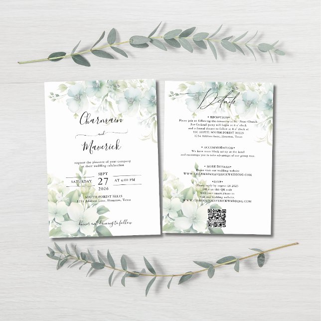 Elegant Greenery Budget QR code Wedding Inbjudningar (Skapare uppladdad)