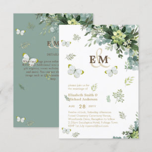 Elegant Greenery Butterflies Monogram Bröllop Inv