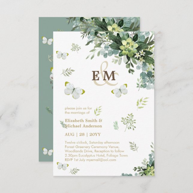 Elegant Greenery Butterflies Monogram Bröllop Inv (Fram/baksida)