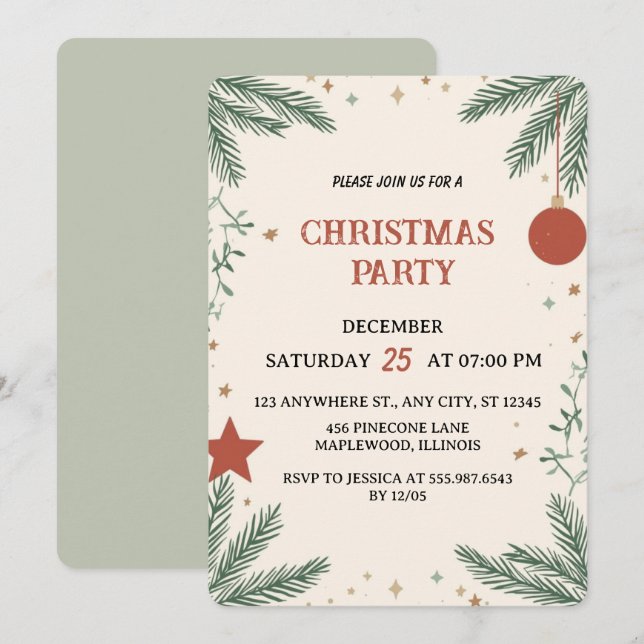 Elegant Greenery Christmas Party Invitation Card Inbjudningar (Fram/baksida)