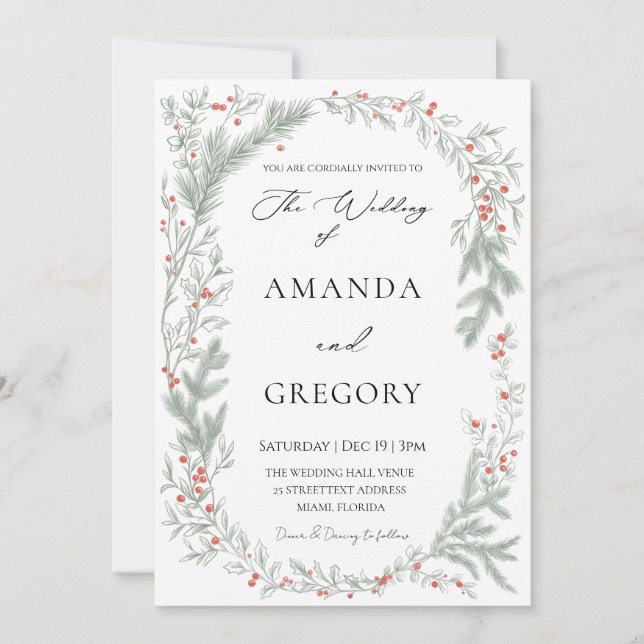 Elegant Greenery Christmas Wedding Photo  Inbjudningar (Framsida)