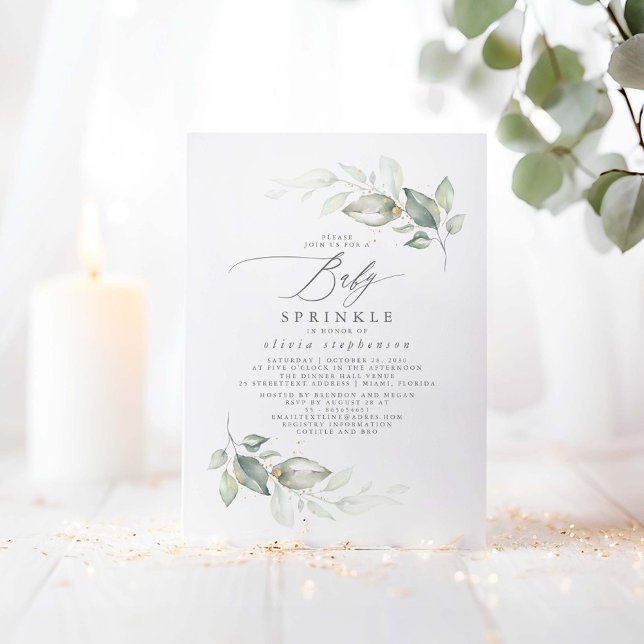 Elegant Greenery Cute Baby Sprinkle Baby Shower Inbjudningar (Greenery Baby Shower Invitations - Baby Sprinkle)
