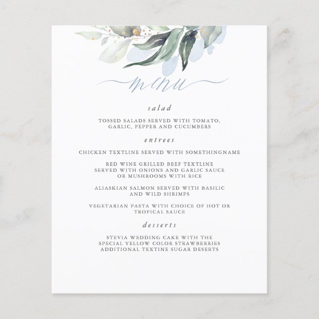 Elegant Greenery Dusty Blue Bröllop Menu Flygblad (Framsidan)