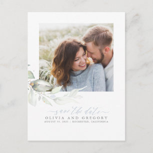 Elegant Greenery Dusty Blue Spara datumfoto Meddelande Vykort