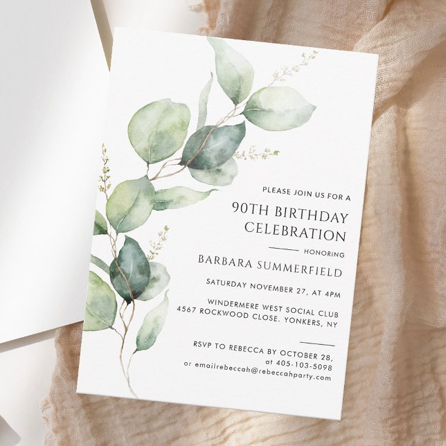 Elegant Greenery Eucalyptus 90:e födelsedag Inbjudningar (Elegant Greenery Eucalyptus 90th Birthday Invitation)