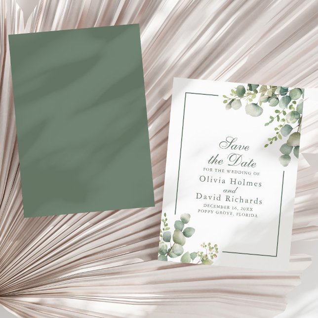 Elegant Greenery Eucalyptus Botanical Bröllop Spara Datumet (Elegant Greenery Eucalyptus Botanical Wedding Save The Date on a sunny neutral dry palm leaf.)