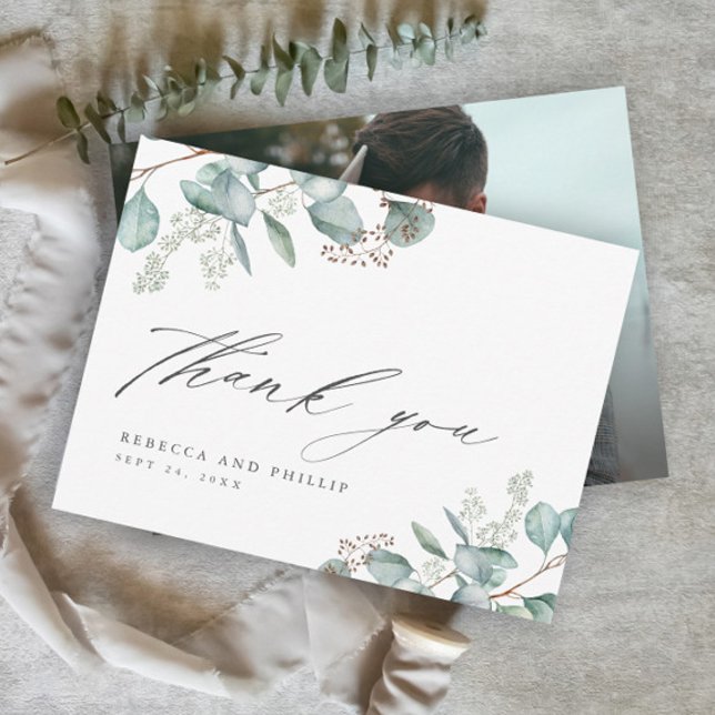 Elegant Greenery Eucalyptus Bröllop Photo Tack Kort (Elegant Eucalyptus Greenery Wedding Photo Thank You Cards.)