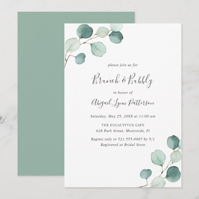 Elegant Greenery Eucalyptus Brunch och Bubly Inbjudningar (Fram/baksida)