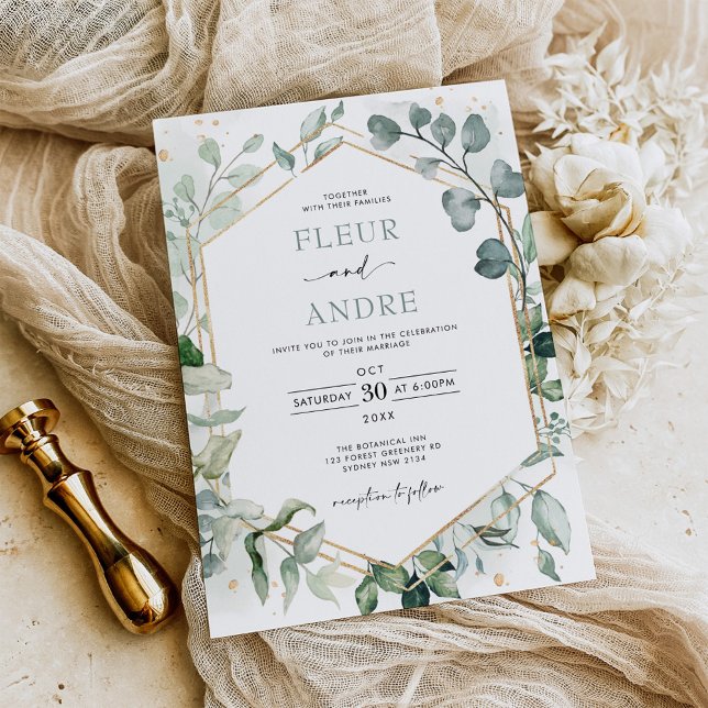 Elegant Greenery Eucalyptus Geometric Guld Bröllop Inbjudningar (Skapare uppladdad)