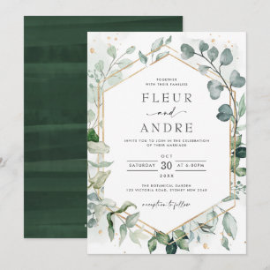 Elegant Greenery Eucalyptus Geometric Guld Bröllop Inbjudningar