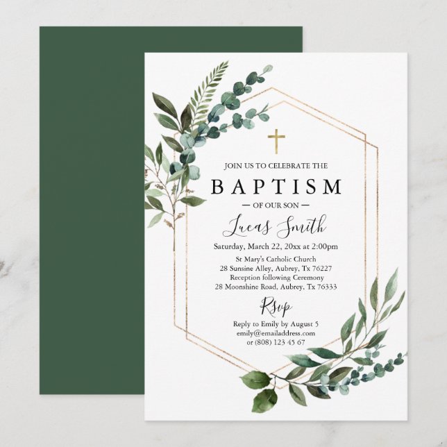 Elegant Greenery Eucalyptus Guld Kor Baptism Inbjudningar (Fram/baksida)