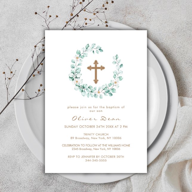 Elegant Greenery Eucalyptus Guld Kor Baptism Inbjudningar (Elegant Greenery Eucalyptus Gold Cross Baptism Invitation)