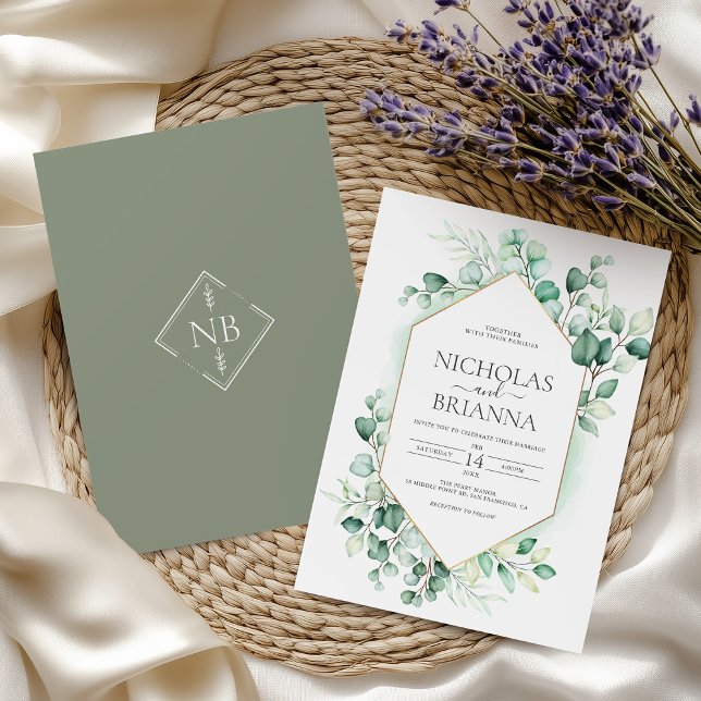 Elegant Greenery Eucalyptus Guld Rustic Bröllop Inbjudningar (Skapare uppladdad)