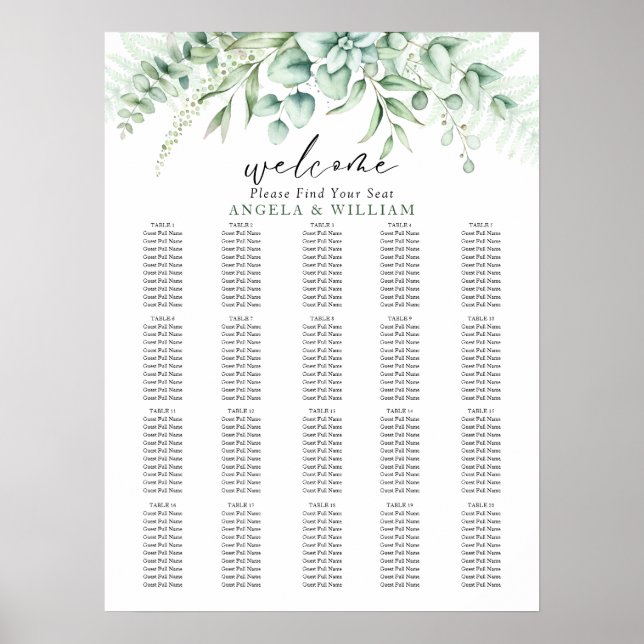 Elegant Greenery Eucalyptus Löv Bröllop säten Poster (Framsidan)