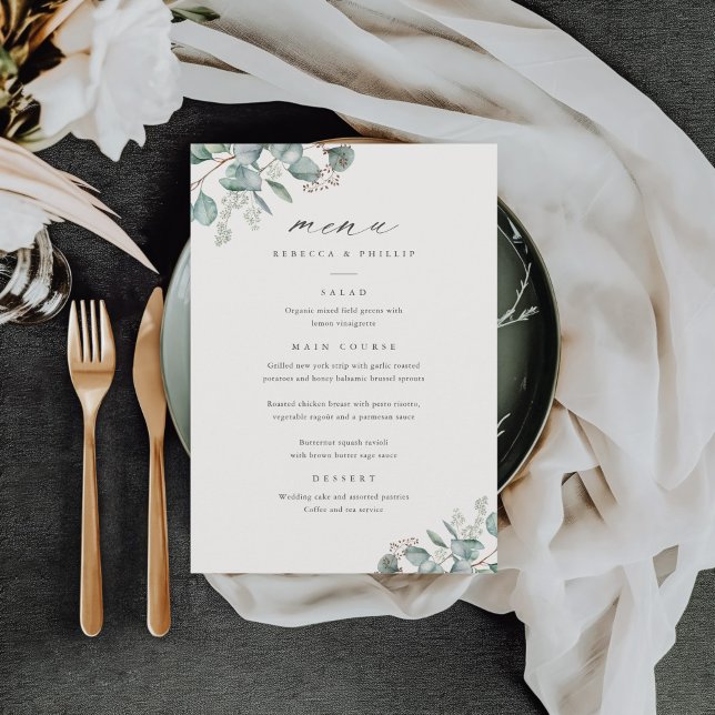Elegant Greenery Eucalyptus Watercolor Bröllop Meny (Elegant Eucalyptus Greenery Wedding Dinner Menus.)