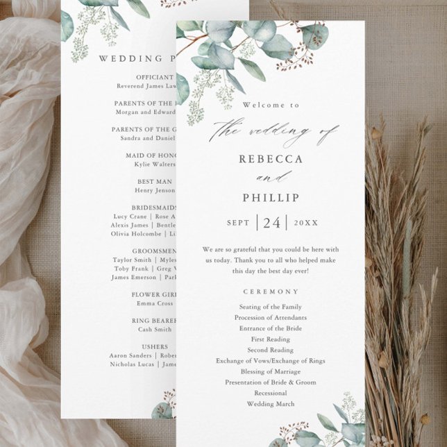 Elegant Greenery Eucalyptus Watercolor Bröllop Program (Elegant Eucalyptus Greenery Wedding Ceremony Programs.)