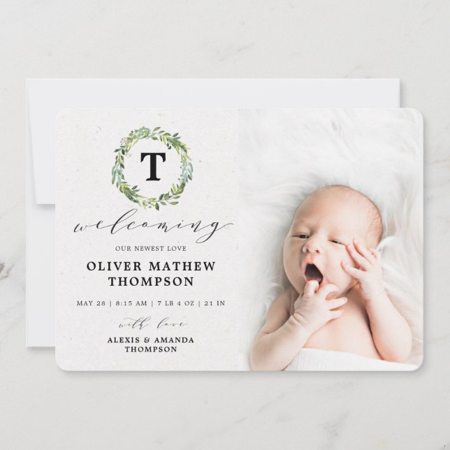 Elegant Greenery Eucalyptus Watercolor Photo Birth Meddelande (Framsida)
