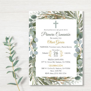 Elegant Greenery First Communion på spanska Cute Inbjudningar