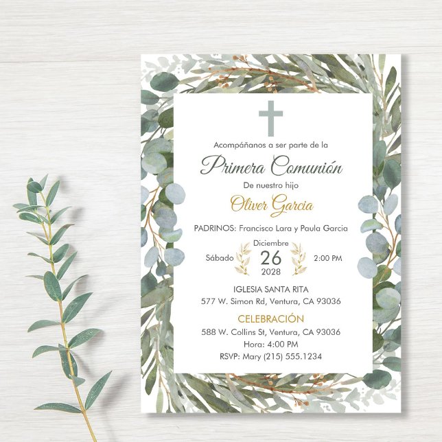 Elegant Greenery First Communion på spanska Cute Inbjudningar (Skapare uppladdad)