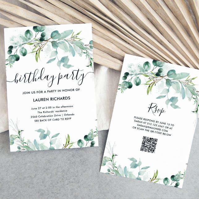 Elegant Greenery | Födelsedagsfest för QR-kod Inbjudningar (A simple and elegant birthday party invitation with green watercolor eucalyptus leaves)