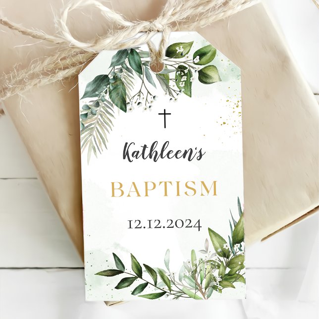 Elegant Greenery Foliage Baptism Presentetikett (Skapare uppladdad)
