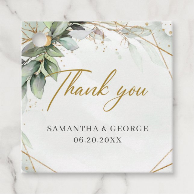 Elegant greenery foliage faux guld geometric gåvor etiketter (Framsida)