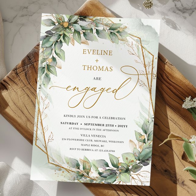 Elegant greenery foliage faux guld ram, engagerad inbjudningar (Boho Eucalyptus greenery branches faux gold frame engagement invitation digital)