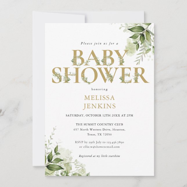 Elegant Greenery Foliage Guld Brev Baby Shower Inbjudningar (Framsida)