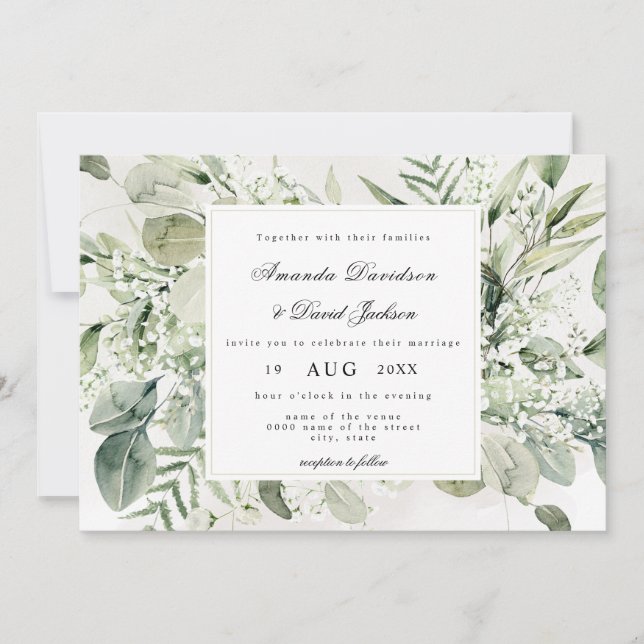 Elegant Greenery Foliage White Blommigt Boho Bröll Inbjudningar (Framsida)