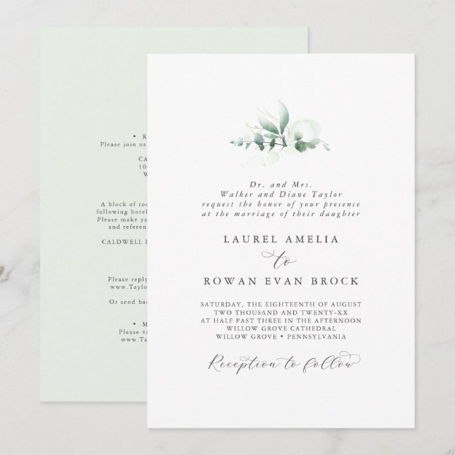 Elegant Greenery Formal Bröllop Inbjudningar (Fram/baksida)