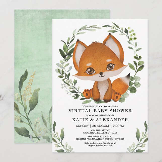 Elegant Greenery Fox Virtuell babyvisningsprogram  Inbjudningar (Fram/baksida)