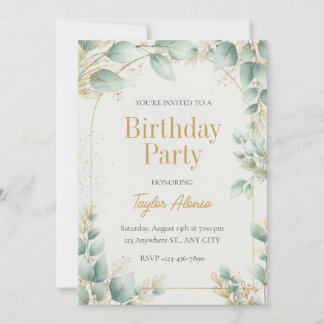 Elegant Greenery Gold Birthday Invitation Inbjudningar