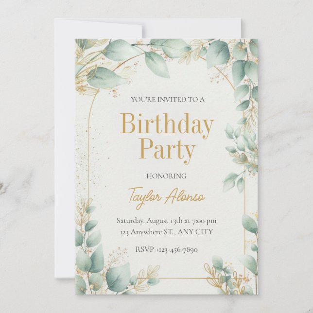 Elegant Greenery Gold Birthday Invitation Inbjudningar (Framsida)