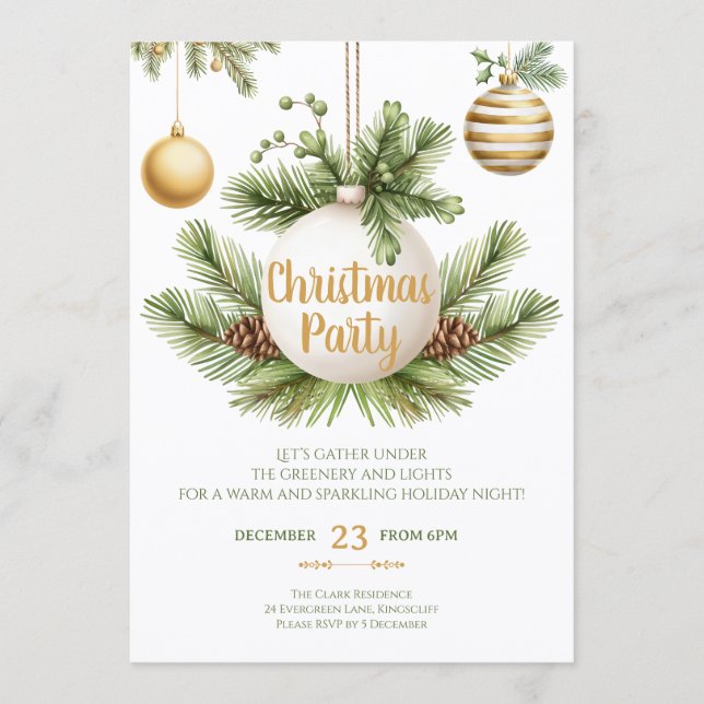 Elegant Greenery & Gold Christmas Party Invitation Inbjudningar (Framsida)