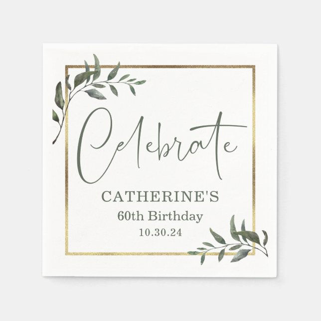 Elegant Greenery Gold Foil Celebrate Script Pappersservett (Framsidan)