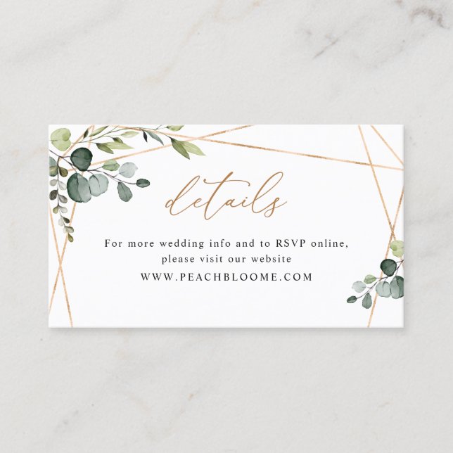 Elegant Greenery Gold Wedding Website Details Card Visitkort (Framsida)