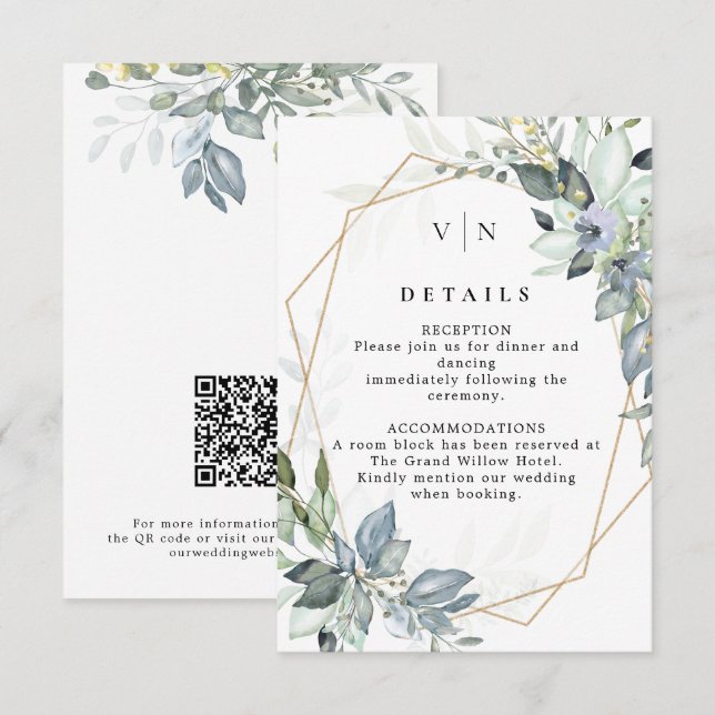 Elegant Greenery Grönt & Guld QR-kod Bröllop Tilläggskort (Fram/baksida)